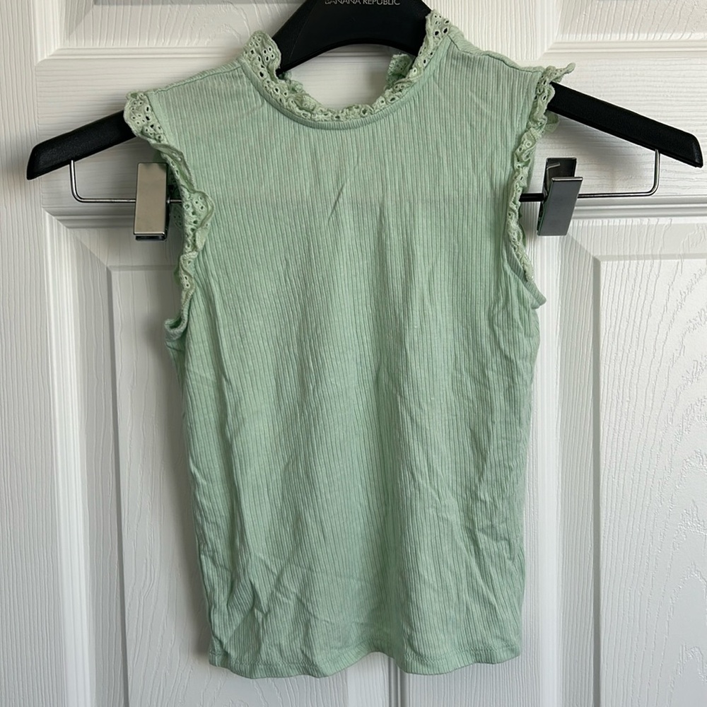 Teal Sleeveless Ribbed Tank with Lace Eyelet Trim and Keyhole Back